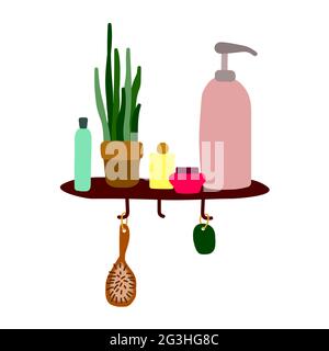 Skandinavisch gemütlich Vector Interieur. Regal mit Kosmetik isoliert auf weißem Hintergrund. Hygge minimalistische handgezeichnete Illustration mit heimischen Pflanzen, hyg Stock Vektor