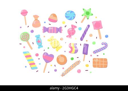 Niedliches, mehrfarbiges Bonbon-Set. Zucker Süßigkeiten isoliert auf weißem Hintergrund. Gummy, Schokolade, Karamell, Lutscher, Gelee, Pfefferminze, Marmelade, Tropfen d Stock Vektor