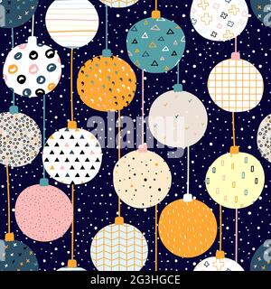 Neues Jahr Vektorfarbe nahtlose Muster. Weihnachtskugeln mit skandinavischen Ornamenten auf einem Schneehintergrund. Helle festliche niedliche Stock Illustration mit Stock Vektor