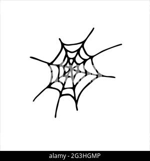 Doodle Spider Web-Element. Handgezeichnetes schwarzes Spinnennetz isoliert auf weißem Hintergrund. Gruseliges niedliches Schild. Skizzieren Sie Vektorgrafiken für natürliche Herbstdesigns Stock Vektor