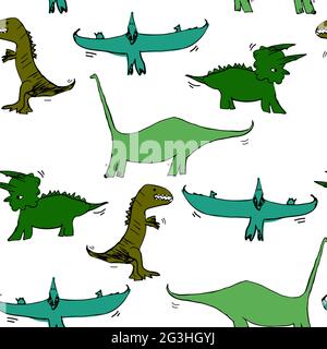Vektor Nahtloses Muster mit Pterodactyl, Tyrannosaurus, Triceratops, Diplodocus. Illustration mit Dinosauriern auf weißem Hintergrund für Textilien, Wand Stock Vektor