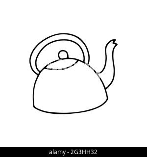 Doodle traditionelle handgezeichnete Teekannen. Umreißen Sie den Wasserkocher isoliert auf weißem Hintergrund. Gemütliche Küchenutensilien, niedliche Küchenutensilien, Geschirr für Tee, Kaffee, dr Stock Vektor