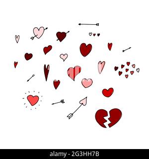 Doodle Valentinstag Set. Handgezeichnete rote Liebe Symbole isoliert auf weißem Hintergrund. Niedliche rosa Grußkarten, Herzen, Pfeile. Februar 14, Hochzeit, Stock Vektor