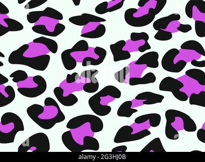 Nahtloses Leopardenmuster. Tierische Textur. Violette, violette, blaue, schwarze Flecken eines Hypardes. Tierhaut, helle Popfarbe. Vektorgrafik für Backgr Stock Vektor