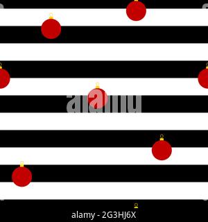 Weihnachtliches Nahtmuster. Neujahrsschmuck auf schwarz-weiß gestreiftem Hintergrund. Rote Kugeln und monochrome Linien. Abbildung für den Feiertag für WAL Stock Vektor