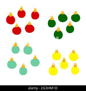 Satz von weihnachtlichen farbigen Kugeln isoliert auf weißem Hintergrund. Rote, gelbe, grüne, blaue runde Dekoration. Vektor-Neujahrsdarstellung. Niedliches Handzeichnen Stock Vektor