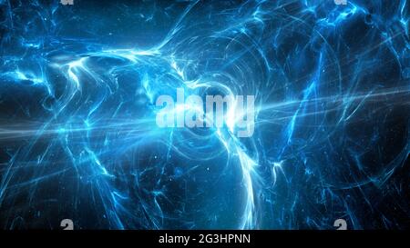 Blau leuchtendes mehrdimensionales Plasma im Raum, computergenerierter abstrakter Hintergrund, 3D-Rendering Stockfoto