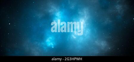 Blau leuchtender ätherischer Nebel im Raum, computergenerierter abstrakter Hintergrund, 3D-Rendering Stockfoto