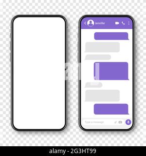 Realistisches Smartphone mit Messaging-App. Leerer SMS-Textrahmen. Messenger-Chat-Bildschirm mit violetten Nachrichtenblasen. Social-Media-Anwendung. Vektor Stock Vektor