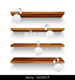 Holzregale und Supermarkt Werbe-Wobbler isoliert auf weißem Hintergrund. Produktregal mit Werbewabbler. Wandregal für Lebensmittel Stock Vektor