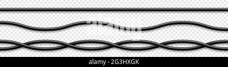 Flexible Kabelsammlung. Schwarzes Elektrokabel. Realistisches Netz- oder Netzwerkkabel. Vektorgrafik. Stock Vektor