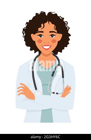 Ärztin mit Stethoskop. Arzt oder Therapeut. Illustration im Cartoon-Stil. Stock Vektor
