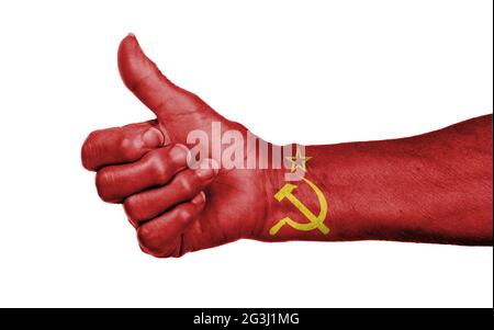 Alte Frau mit Arthritis geben den Daumen nach oben Zeichen Stockfoto