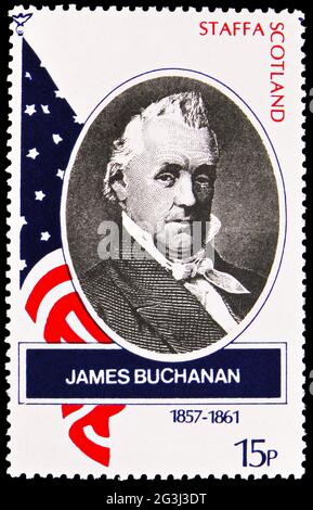 MOSKAU, RUSSLAND - 15. APRIL 2021: Briefmarke in Cinderellas zeigt Portrait of James Buchanan, Great americans Serie, um 1988 Stockfoto