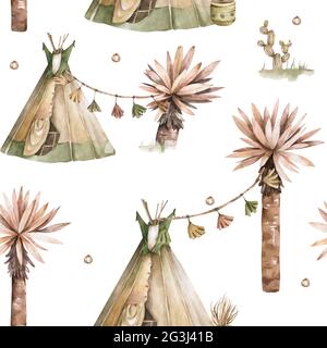 Handgezeichnetes Aquarell Tribal Tipi nahtloses Muster, Boho America traditionelle native Ornament Wigwam und Kaktus-Muster. Indische Bohemian Dekoration Stockfoto