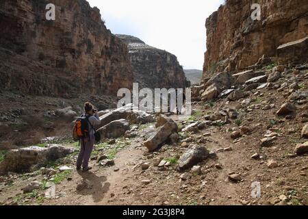 Junge Frau (18), Wanderer, fotografiert zwei Wanderinnen, ältere Erwachsene, die in der Schlucht des Wadi Qelt und zwischen den Felsbrocken, der Judäischen Wüste, vorangehen. Stockfoto