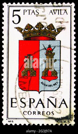 MOSKAU, RUSSLAND - 17. APRIL 2021: Die in Spanien gedruckte Briefmarke zeigt Avila, Provincial Arms Serie, um 1962 Stockfoto