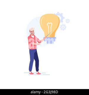 Flache Cartoon Mann Charakter präsentieren neue Idee Lampe Symbol Vektor Illustration Konzept Stock Vektor