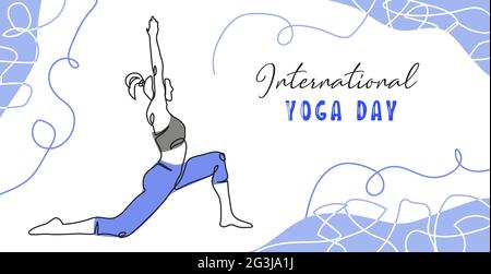 Internationaler Yoga Tag minimalistischer Vektor Banner, Poster, Hintergrund. .eine ununterbrochene Linienkunstzeichnung der Frau. Welt Yoga Tag einfacher Hintergrund Stock Vektor