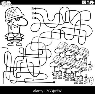Schwarz-Weiß-Cartoon-Illustration von Linien Labyrinth Puzzle-Spiel mit Soldat Charakter und Armee Färbung Buch Seite Stock Vektor