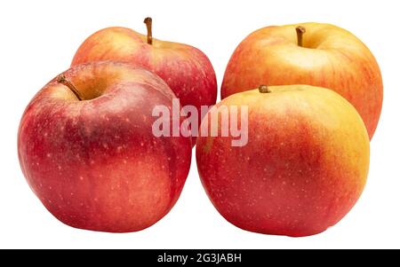 Vier reife saftige Äpfel isolieren. Gesunde Ernährung, Obst. Rote Äpfel auf weißem Hintergrund. Vitamin, Ernährung Stockfoto