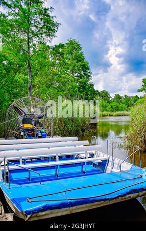 Ein Luftschiff ist an der Gulf Coast Gator Ranch and Tours, 12. Juni 2021, in Moss Point, Mississippi, angedockt. Stockfoto