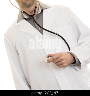 Nahaufnahme der Hand eines Arztes mit einem Stethoskop Stockfoto