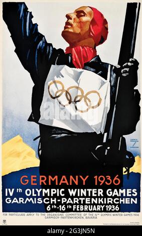 Vintage Poster, deutscher Künstler Ludwig Hohlwein (1874-1949) Deutschland 1936. IV Olympische Winterspiele Garmisch-Partenkirchen. Stockfoto