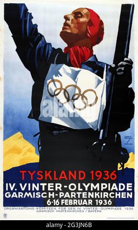 Altes deutsches Poster - Ludwig Hohlwein (1874-1949) Deutschland 1936. IV Olympische Winterspiele Garmisch-Partenkirchen. Tyskland 1936 Stockfoto