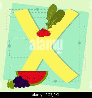 Buchstabe 'x' aus stilisiertem Alphabet mit Obst und Gemüse: Rucola, Wassermelone, Erdbeere, Traube Stock Vektor