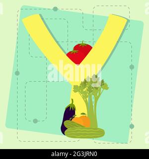 Buchstabe 'y' aus stilisiertem Alphabet mit Obst und Gemüse: Auberginen, Tomaten, Sellerie, Gurken, Orange Stock Vektor