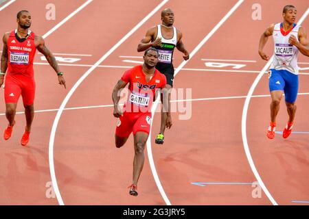 LONDON, ENGLAND - 5. AUGUST, Keston Bledman aus Trinidad und Tobago, Justin Gatlin aus den Vereinigten Staaten, Ben-Youssef Meite aus der Elfenbeinküste, Jimmy Vicaut aus Frankreich im Halbfinale der Herren 100m während der abendlichen Leichtathletik-Sitzung im Olympiastadion am 5. August, 2012 in London, England Foto von Roger Sedres / Gallo Images Stockfoto