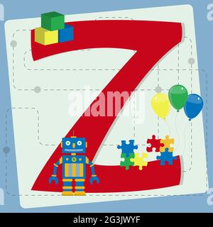 Buchstabe 'z' aus stilisiertem Alphabet mit Kindern: puzzle, Roboterspielzeug, bunte Luftballons, Würfelspielzeug Stock Vektor