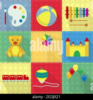 Neun bunte Spielzeug-Ikonen mit Aquarell, Ball, Xylophon, Teddybär, Windrad, Spielzeugburg, Spielzeugeisenbahn, Kreisel und bunte Ballons Stock Vektor