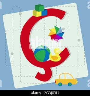 Buchstabe 'Cedilla' aus stilisiertem Alphabet mit Kinderspielzeug: Kugel, Gummiducky, Würfelspielzeug, Windrad, Spielzeugauto Stock Vektor