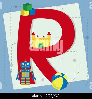 Buchstabe 'r' aus stilisiertem Alphabet mit Kindern: Würfelspielzeug, Spielzeugburg, Roboterspielzeug, Ball Stock Vektor