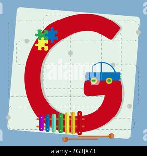 Buchstabe 'g' aus stilisiertem Alphabet mit Kinder: Xylophon, Instrument, Spielzeugauto, Puzzle Stock Vektor