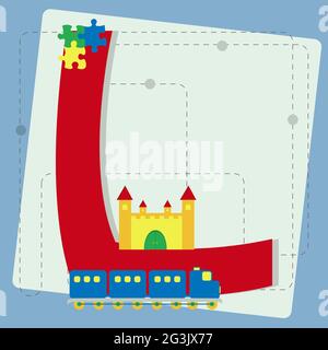 Buchstabe 'l' aus stilisiertem Alphabet mit Kindern: puzzle, Spielzeugzug, Spielzeugburg Stock Vektor