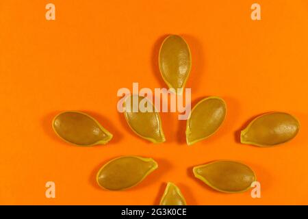 Anordnung Der Strahlenden Kürbiskernfarbe Auf Orangefarbenem Hintergrund Stockfoto