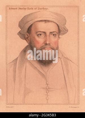 Edward Stanley, 3. Earl of Derby, englischer Adliger, Pokalträger von Anne Boleyn, 1509-1572. Edward Stanley, Earle of Darbey. Handkolorierter Kupferstich-Stich von Thomas Cheesman nach einem Porträt von Hans Holbein dem Jüngeren gedruckt auf rosa Papier nach Imitationen von Originalzeichnungen von Hans Holbein, John Chamberlaine, London, 1812. Stockfoto