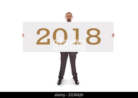 Lächelnder Geschäftsmann mit einer wirklich großen leeren Karte - 2018 Stockfoto