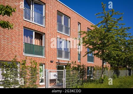 Hannover, Deutschland. Mai 2021. Hinter Bäumen steht der Neubau des Obdachlosenprojekts "Housing First". Quelle: Moritz Frankenberg/dpa/Alamy Live News Stockfoto