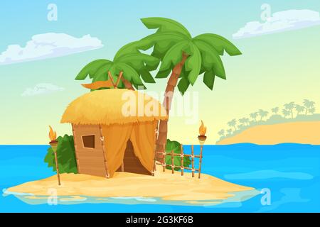 Seascape mit Insel, Hütte oder Bungalow mit Strohdach und Bambusdekorationen, Palmen, Tiki-Fackel mit Feuer und Sand im Cartoon-Stil. Exotische Szene Stock Vektor