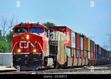 Elgin, Illinois, USA. Canadian National Railway Veterans Unit, Nr. 3233, führt einen intermodalen Güterzug nach Norden in Richtung Spaulding Junction. Stockfoto