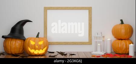 Mock-up Rahmen an der Wand mit dem Tisch dekoriert mit Kürbislampen und Zeug in halloween-Konzept, 3D-Rendering, 3D-Illustration Stockfoto