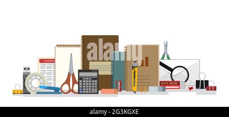 Schreibwaren. Güter für Büro, Schule und Kreativität. Isoliertes Objekt auf weißem Hintergrund. Vektor Stock Vektor
