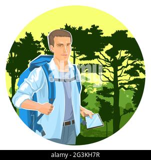 Netter Junge Tourist mit einem Tablet-Navigator. Rucksack. Vor dem Hintergrund einer wunderschönen Landschaft. Große Bäume und grüner Wald. Ein Mann auf Reisen. Flach Stock Vektor