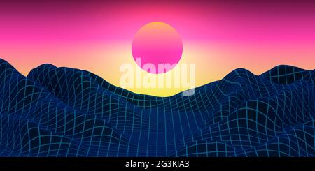 Futuristische Berglandschaft mit Neon-Sonnenuntergang. Digitale Hintergrunddarstellung im Retro-Stil. 3D-Rendering. Stockfoto