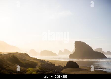 Eine Haiflossenförmige Insel im Nebel vor Meyer's Creek Beach im Süden von Oregon, USA Stockfoto