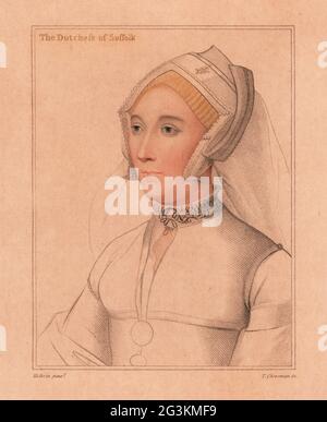 Catherine Brandon, Herzogin von Suffolk, 12. Baroness Willoughby de Eresby (1519-1580). Kopfschmuck mit abgefalter Kapuze. Die Niederländerin von Suffolk. Handkolorierter Kupferstich-Stich von Thomas Cheesman nach einem Porträt von Hans Holbein dem Jüngeren nach Imitationen von Originalzeichnungen von Hans Holbein, John Chamberlaine, London, 1812. Stockfoto